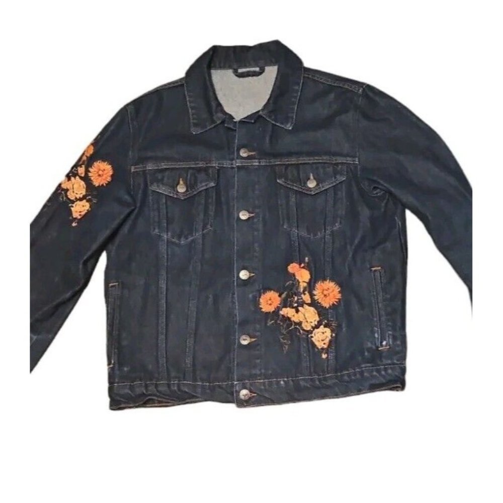 Hype Denim Floral Embroidered Jacket Womens Large Jean Trucker Blue Boho